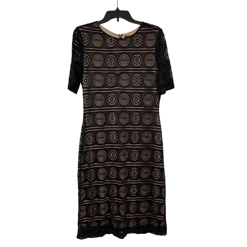 Sharagano Black Lace Sheath Dress Nude Lined Short Sleeve Size 10